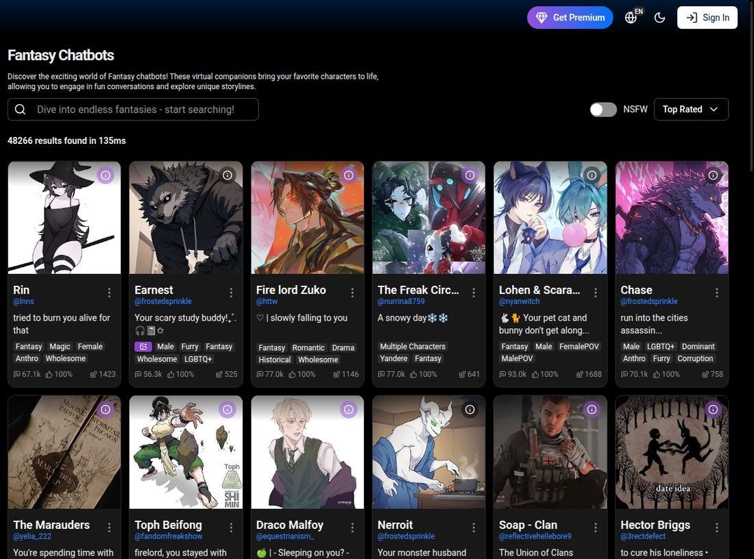 Página Fantasy do SpicyChat com fichas de fantasia