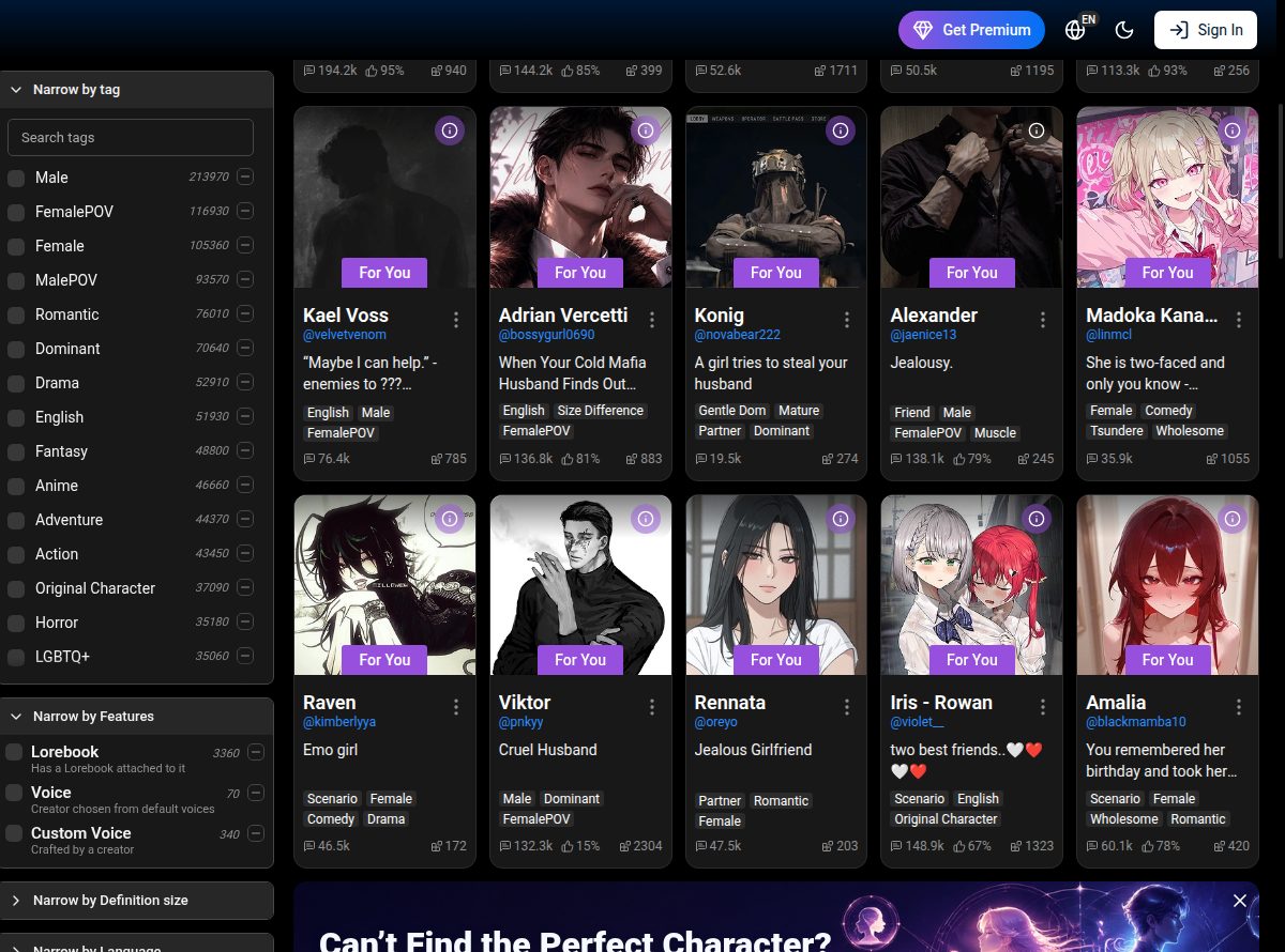 Grelha de fichas do SpicyChat com nomes, criadores e etiquetas